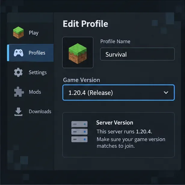 Illustrative launcher profile with a selected game release and a note to compare it with the server version.