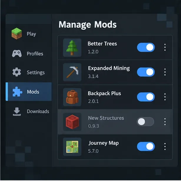 Illustrative mod list with one recently added mod switched off for compatibility testing.