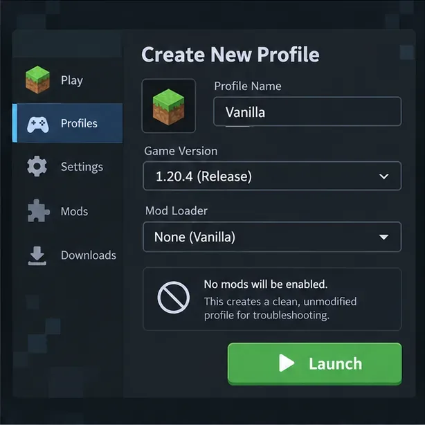 Illustrative clean vanilla profile with a selected Minecraft release and no mods enabled.