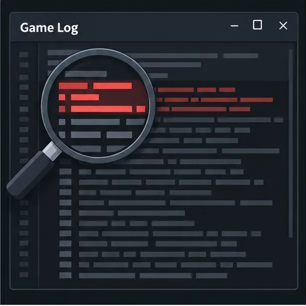 Illustrative game log window with a magnifying glass highlighting the first error region.