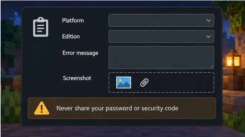 A support form requests platform, edition, error wording, and a screenshot, and warns against sharing passwords or security codes.