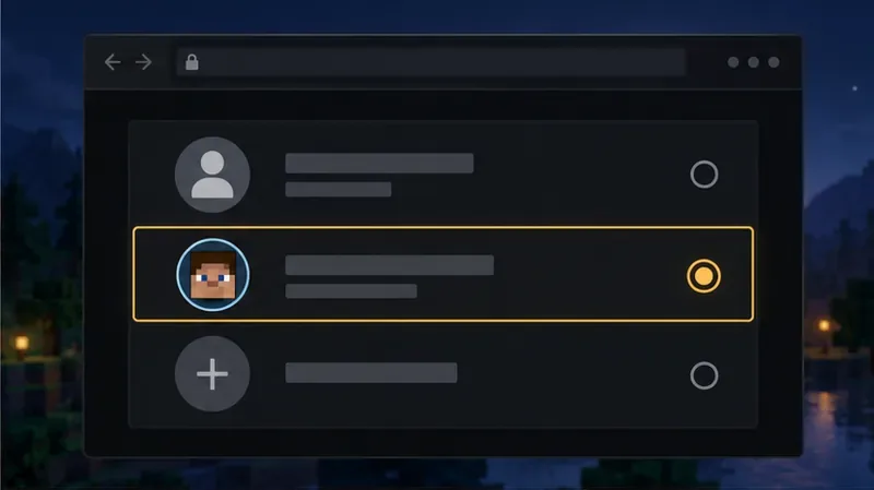 A Microsoft account chooser shows one player profile selected among several sign-in options.