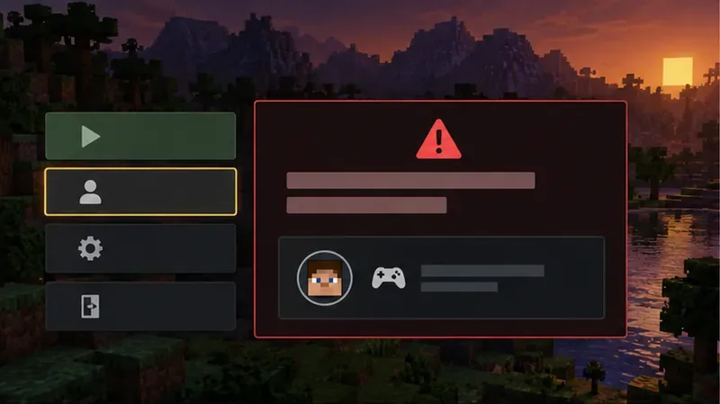 A Minecraft-style title screen displays a generic account warning beside the active player profile.