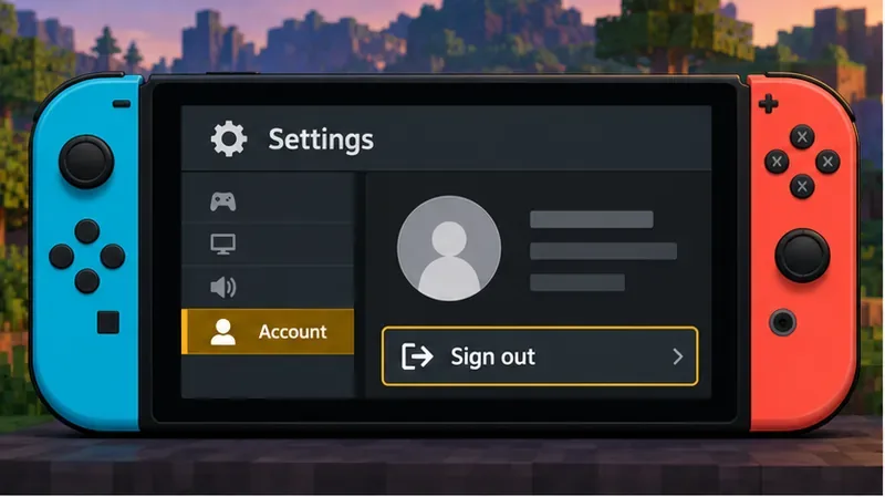 A Nintendo Switch-style Minecraft Account settings screen highlights Sign out.