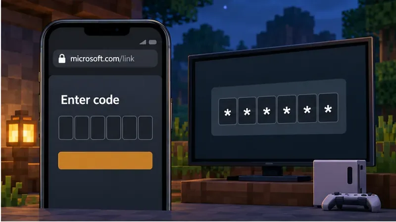 A phone shows a secure Microsoft device-link code page beside a console displaying a masked code.