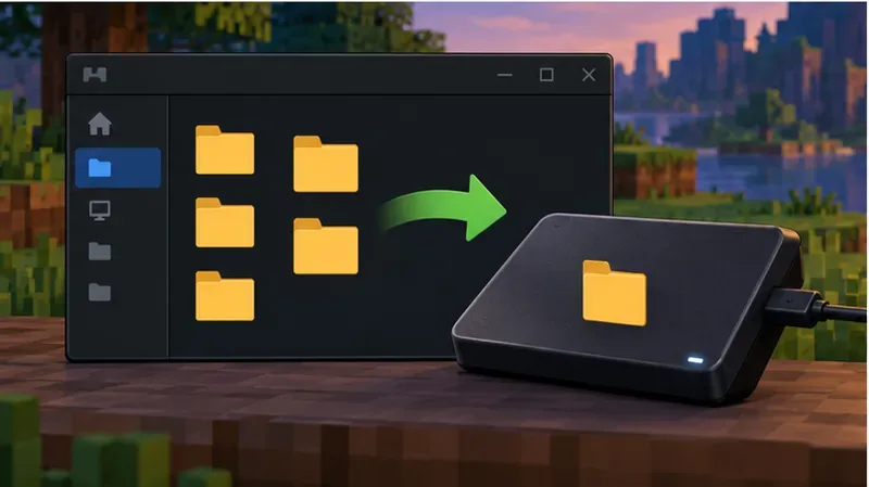 A computer file window copies folders to an external backup drive.