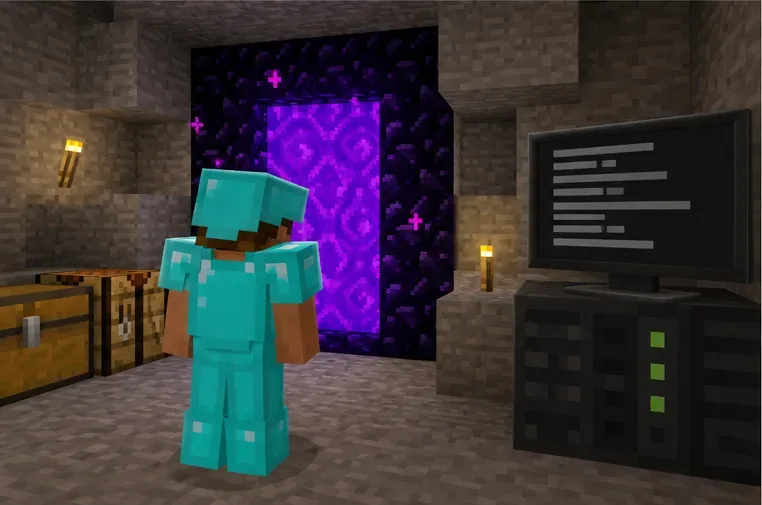 A Minecraft player stands beside a Nether portal and a nearby computer screen shows generic log lines without readable text.