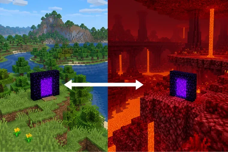 A Minecraft Overworld portal and a Nether portal are shown in separate landscapes with an arrow between their corresponding locations.