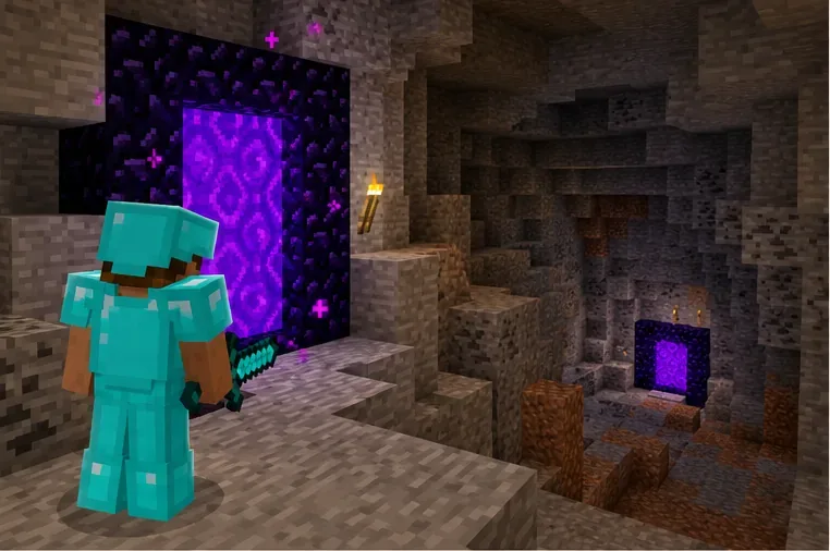 A diamond-armored Minecraft player stands beside one Nether portal while a second portal sits deeper in a cave.