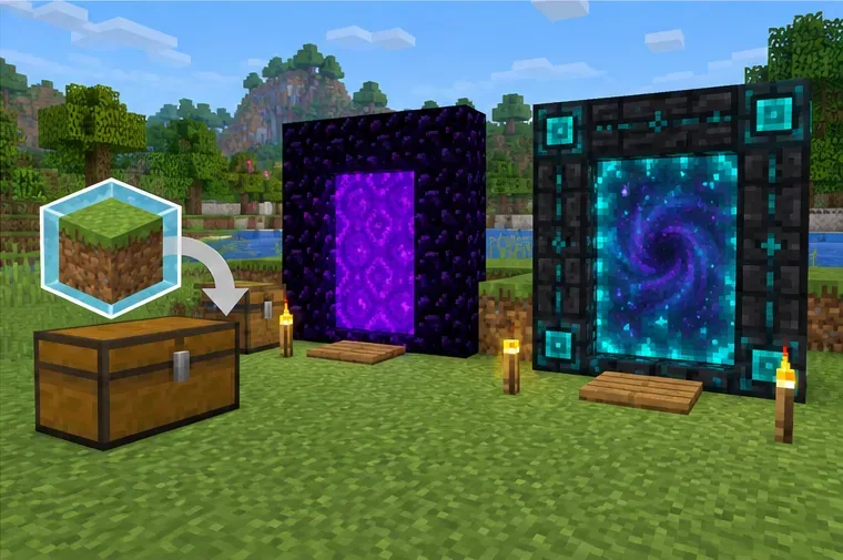 A Minecraft chest representing a world backup sits beside two separate portal test areas in a grassy landscape.
