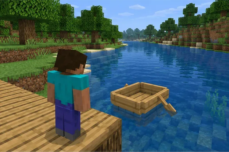 A fresh wooden boat floats beside a river dock as a player prepares to test it