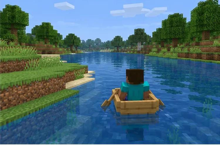 A player in a boat on a plain river in a simple, unmodified test world