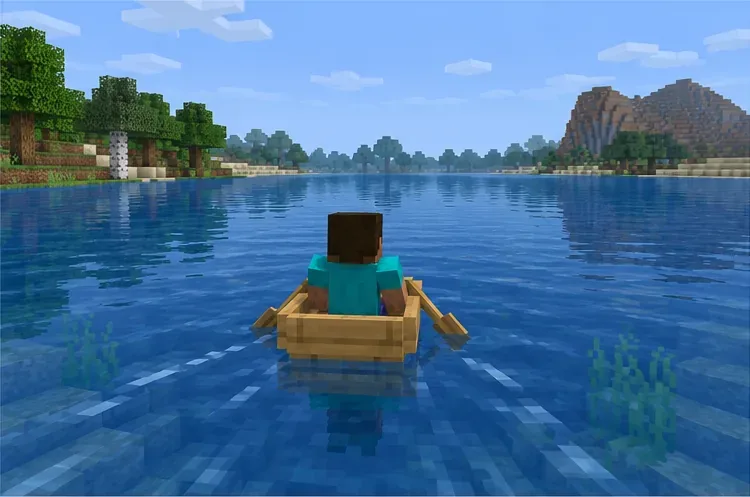 A player rows a wooden boat across a clear river during a controlled solo test