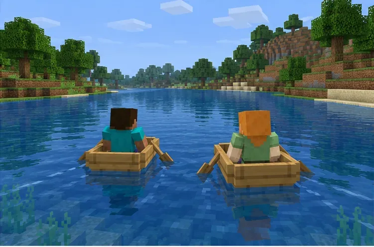Two players travel in separate wooden boats on the same calm river