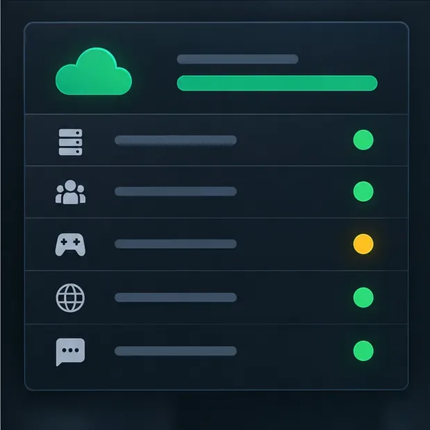 Concept voor een servicestatusdashboard met rijen voor server, multiplayer, netwerk en berichtenverkeer die groen of oranje zijn gemarkeerd.