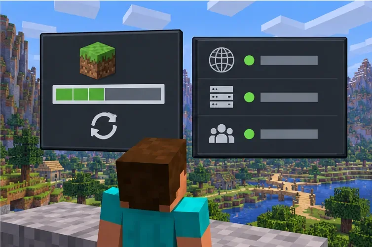 Een updatevoortgangspaneel in Minecraft-stijl naast algemene indicatoren voor het controleren van online services.