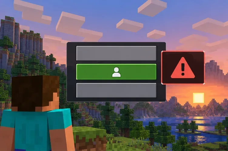 Een inlogpaneel in Minecraft-stijl met een waarschuwingspictogram, dat de accountcontrole vóór de probleemoplossing illustreert.