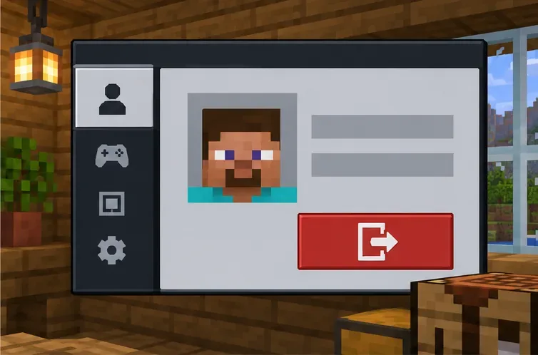 Een accountscherm in Minecraft-stijl met een spelersprofiel en een gemarkeerde knop om uit te loggen.