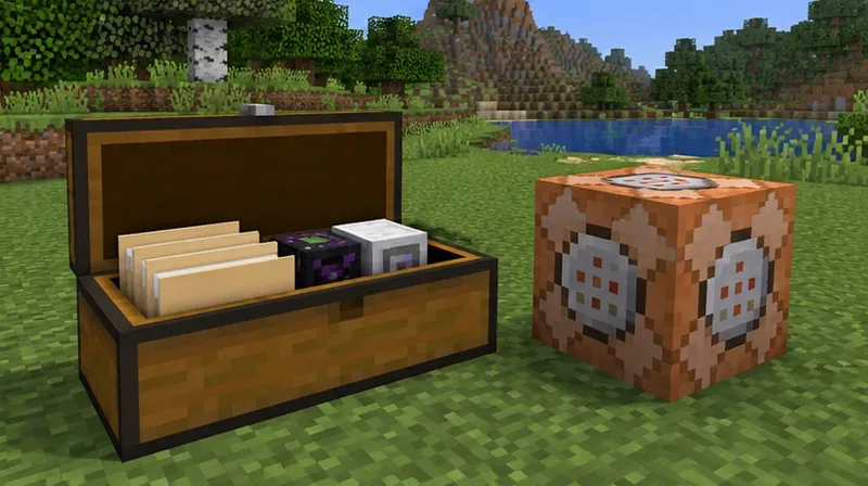 หีบเปิดที่บรรจุสิ่งของคล้ายโฟลเดอร์วางอยู่ข้างบล็อกคำสั่งในเกม Minecraft ซึ่งแสดงให้เห็นถึงไฟล์ดาต้าแพ็คและการแก้ไขปัญหาการโหลดใหม่