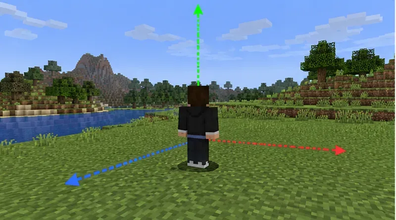 ผู้เล่น Minecraft ยืนอยู่ตรงกลางลูกศรพิกัดสีต่างๆ ซึ่งแสดงให้เห็นว่าตำแหน่งและทิศทางในการเล่นมีผลต่อผลลัพธ์