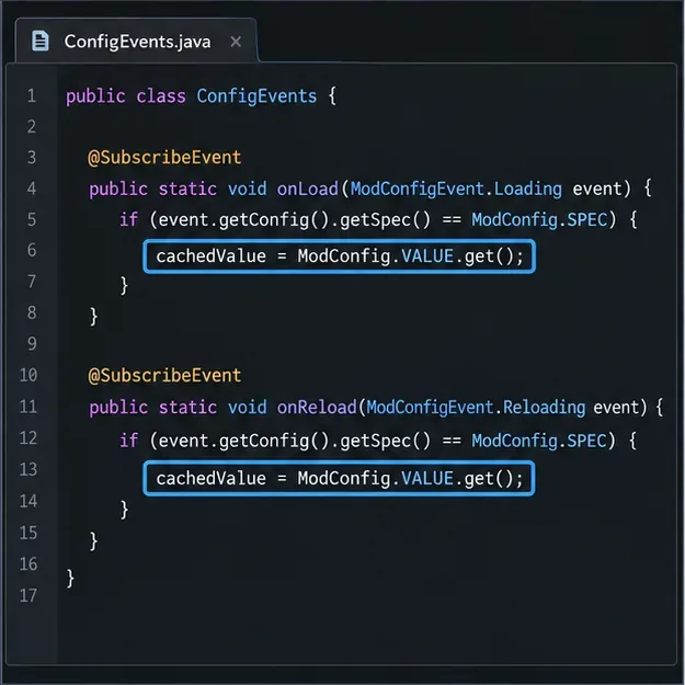 โปรแกรมแก้ไขโค้ด Java จะแสดงการโหลดและการโหลดซ้ำโดยตรวจสอบข้อมูลจำเพาะของการกำหนดค่าเหตุการณ์ก่อนที่จะอ่านและแคชค่า