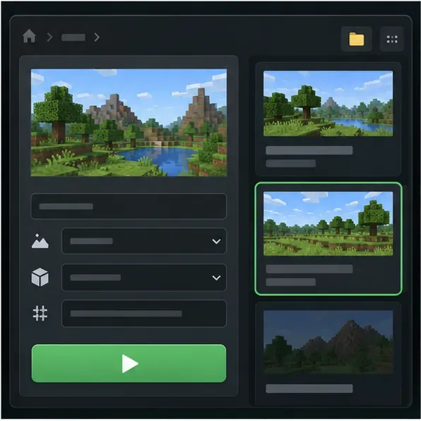 หน้าจอสร้างโลกสไตล์ Minecraft อยู่เคียงข้างภาพตัวอย่างโลกหลายแบบ แสดงให้เห็นถึงการเปรียบเทียบโลกใหม่ที่สร้างขึ้นแล้วทิ้งไป