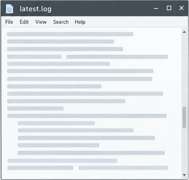 หน้าต่างแก้ไขข้อความที่มีชื่อว่า latest.log พร้อมบรรทัดตัวอย่างที่เป็นกลางและแถบเลื่อน แสดงถึงการตรวจสอบบันทึกโดยไม่แสดงข้อผิดพลาดที่สร้างขึ้น