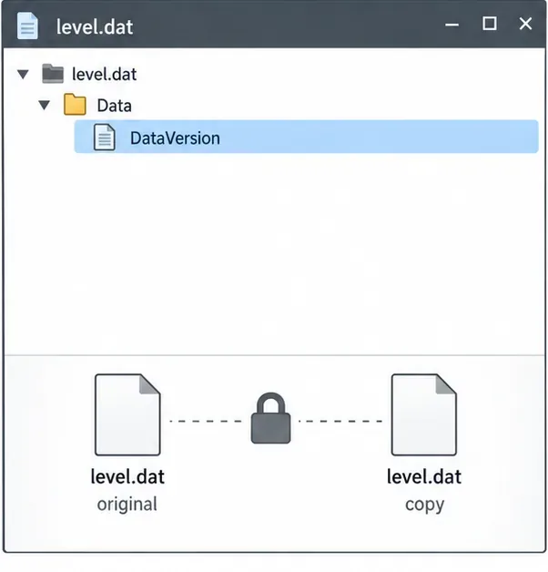 แผนผังต้นไม้ NBT แสดงไฟล์ level.dat, Data และแท็ก DataVersion ที่เลือกไว้ พร้อมกับตัวล็อกที่คั่นระหว่างไฟล์ต้นฉบับและสำเนา