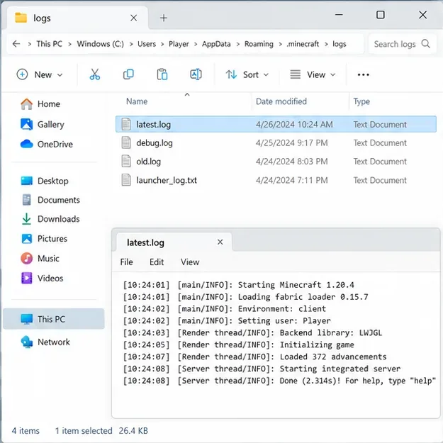 Windows File Explorer showing the Minecraft logs folder with latest.log selected and a generic text preview