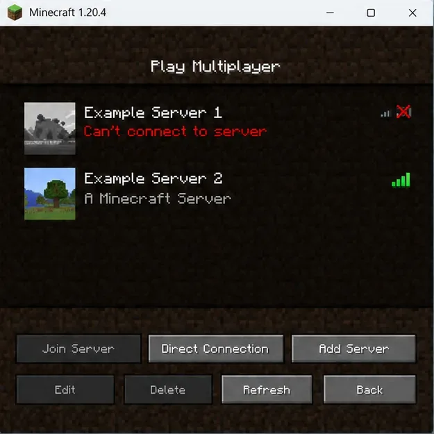 Minecraft multiplayer list with one example server showing a connection failure and another showing green connection bars