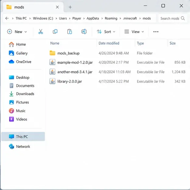 Minecraft mods folder with several generic mod JAR files and a separate mods backup folder