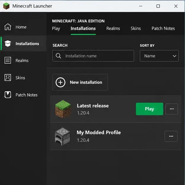 Minecraft Launcher Installations tab listing a latest-release profile and a separate modded profile with version labels