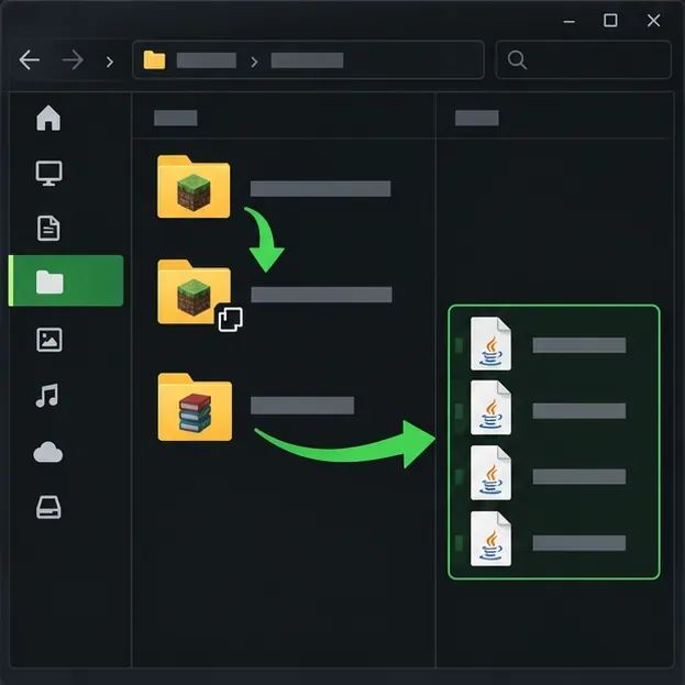 File manager illustration showing a copied Minecraft profile and mod JAR files set aside for troubleshooting