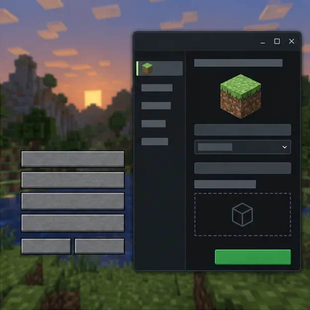 Minecraft profile-style panel with a grass block and an empty mod area representing a clean vanilla test