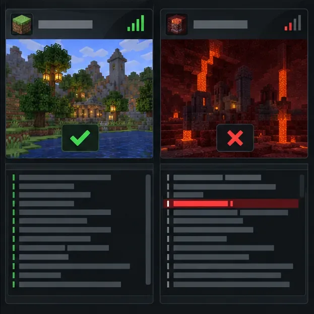Comparison illustration with one Minecraft server connection succeeding, another failing, and a highlighted log entry