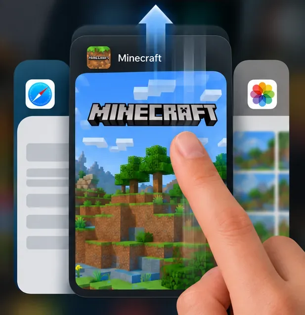 Een vinger die de Minecraft-appkaart in de app-switcher van de iPhone omhoog veegt.