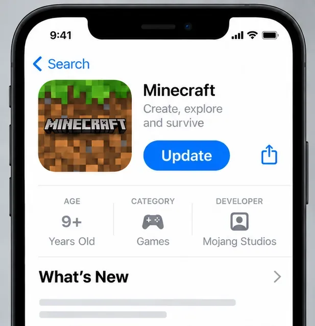 Minecraft App Store-vermelding op een iPhone met een updateknop