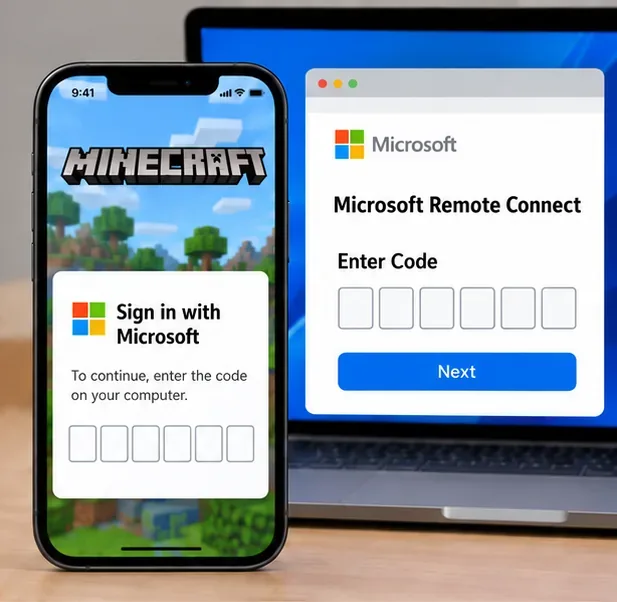 Minecraft op een telefoon toont een leeg aanmeldingscodeveld naast een pagina voor het invoeren van een Microsoft Remote Connect-code.