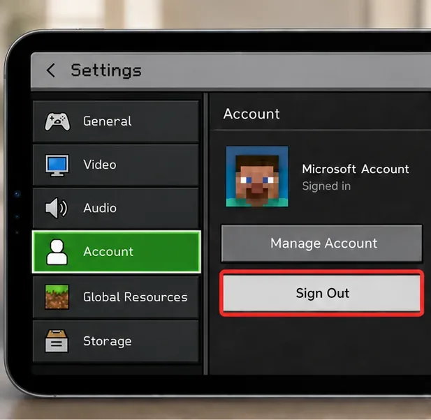 Het Minecraft-instellingenscherm met het tabblad 'Account' geselecteerd en de knop 'Uitloggen' gemarkeerd.