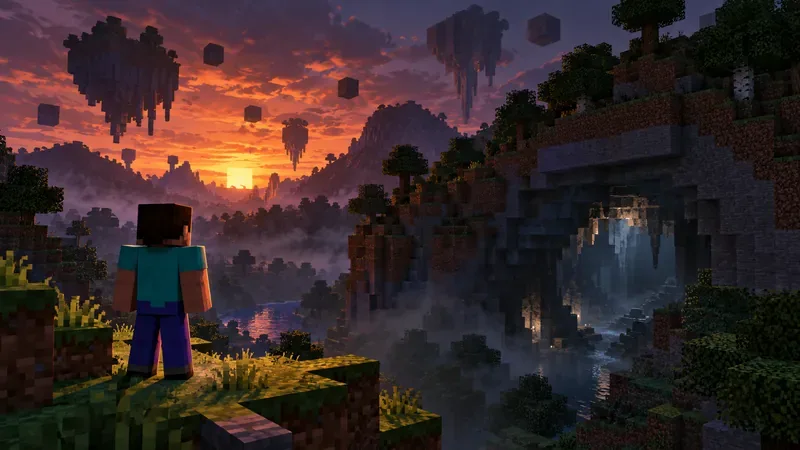 Aventurier blocat în stil Minecraft care privește spre insule plutitoare și o cavernă întunecată la apus