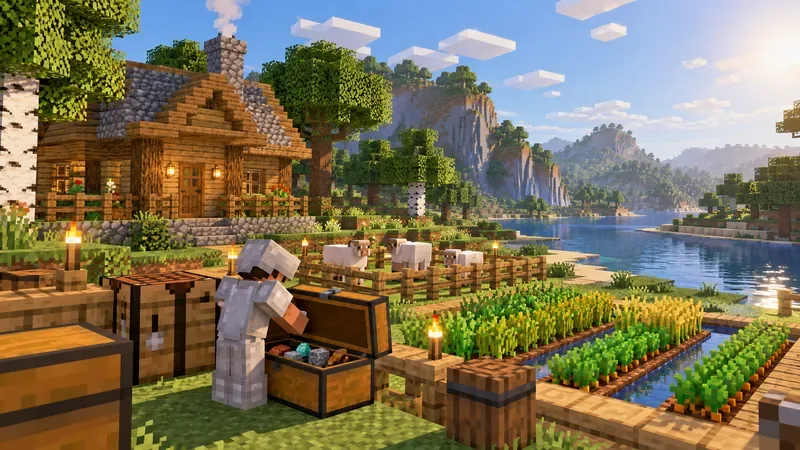 Jucător în armură care examinează un cufăr deschis lângă o bază liniștită în stil Minecraft pe malul râului