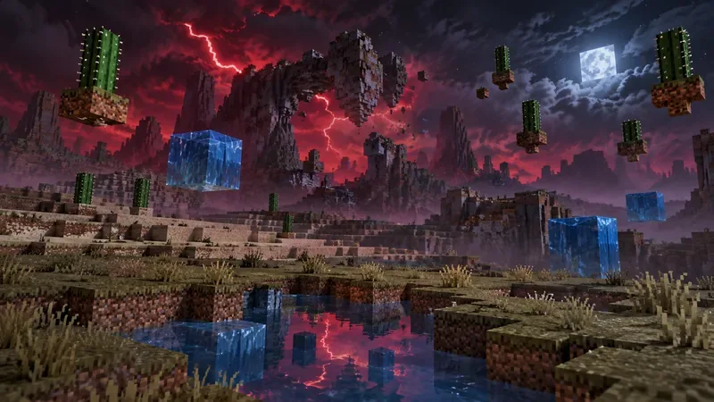 Deșert voxel luminat de lună cu cactuși plutitori și cuburi de apă sub fulgere roșii