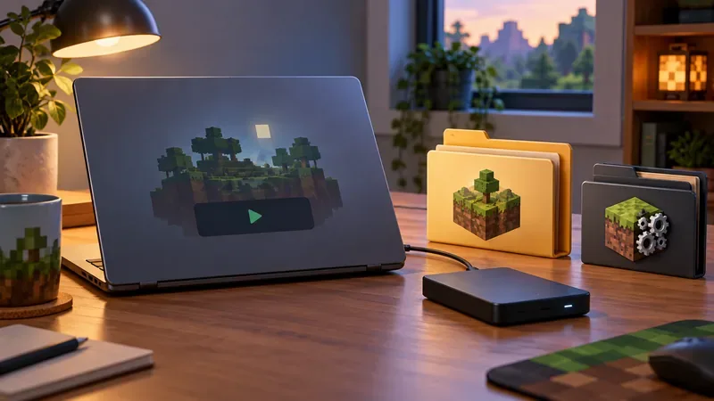 Un laptop, o unitate separată de backup și foldere sugerează păstrarea unei copii curate a unei lumi înainte de a testa orice mod.