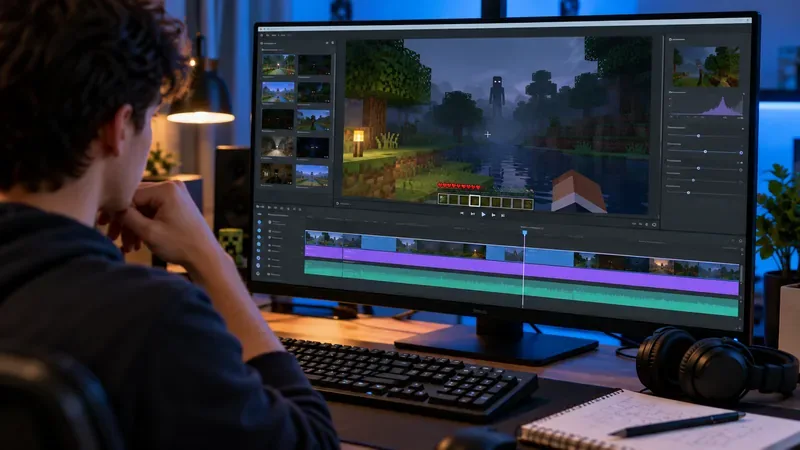 O persoană examinează imagini din jocuri cu blocuri și piste de editare stratificate pe un monitor de desktop