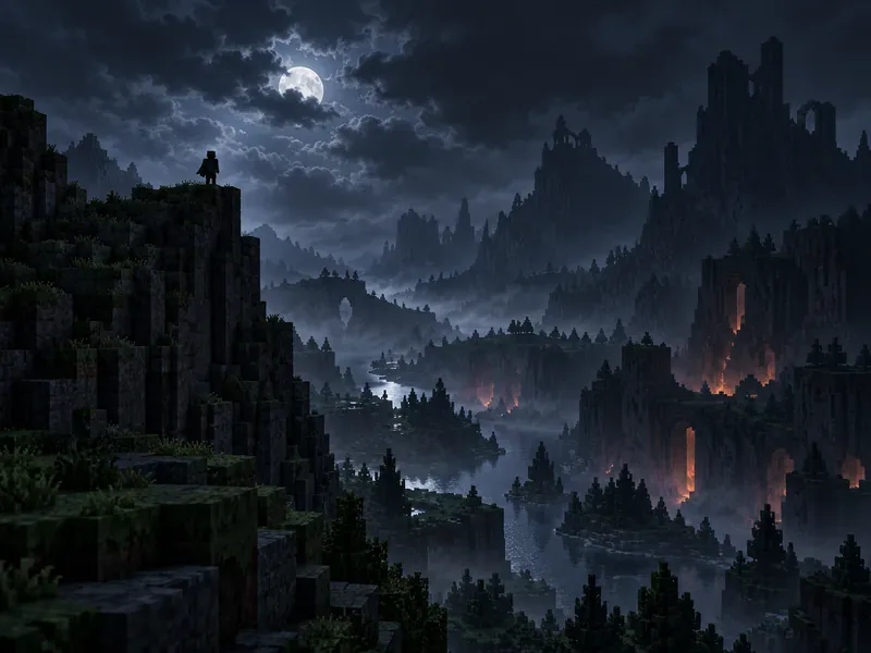 A small dark figure stands on a blocky ridge above a mist-covered valley at night.