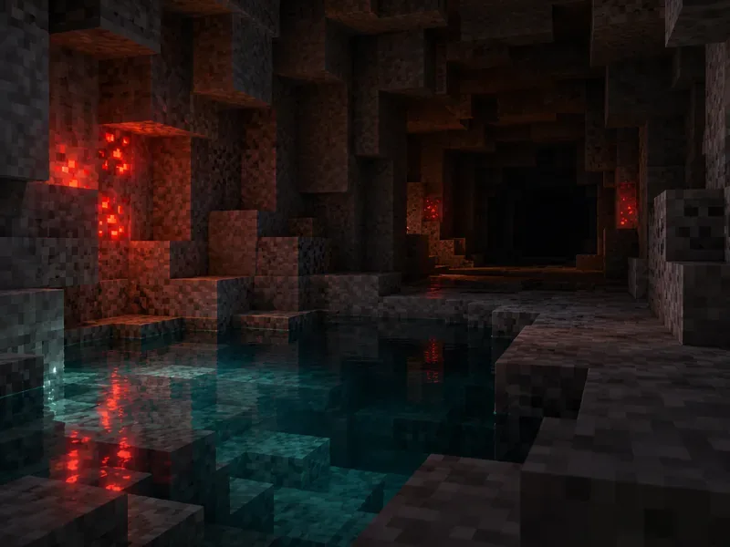 A dark block-built cave with redstone-like lights glowing above a reflective pool.