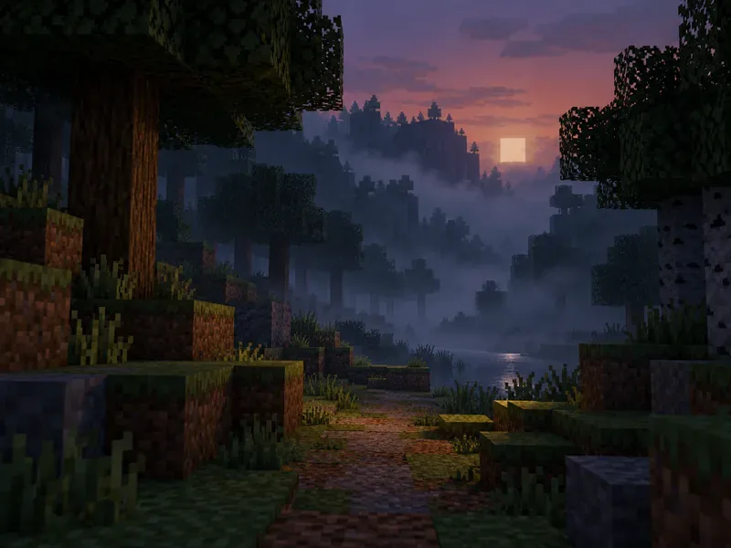 A square-block forest path disappears into evening fog in an imagined Minecraft-style world.