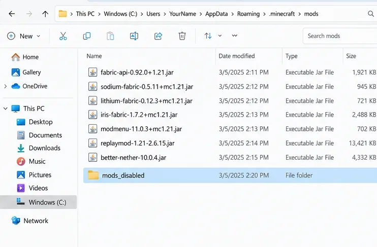 Folderul mods Windows cu exemple de fișiere JAR mod și un folder separat mods_disabled