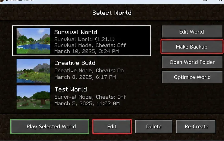 Selecția lumii Minecraft Java cu controalele Editare și Creare copie de rezervă evidențiate