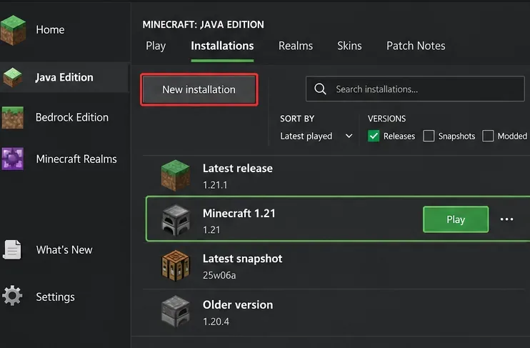 Ecranul de instalare Minecraft Launcher Java Edition cu opțiunea Instalare nouă selectată